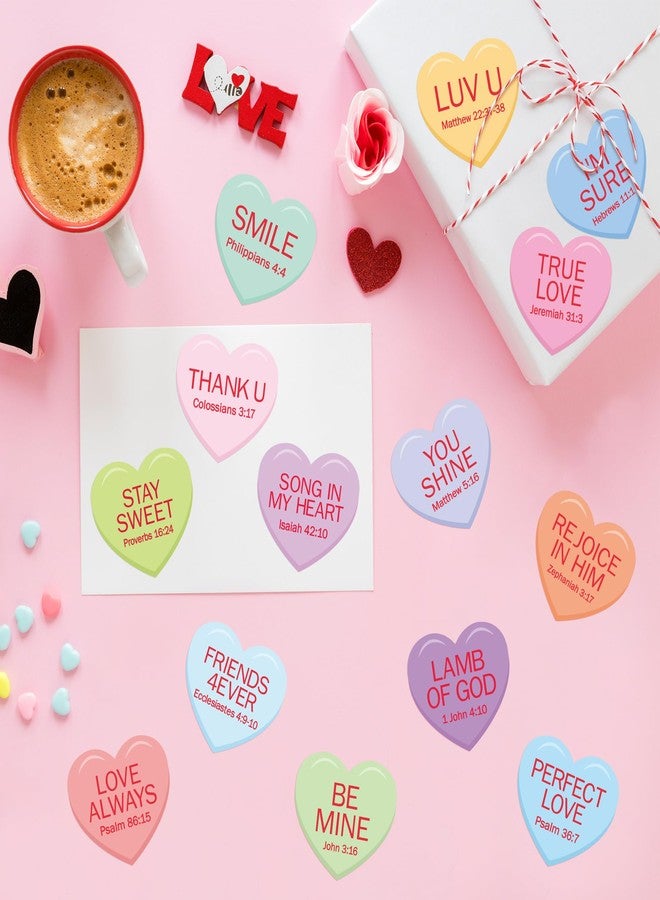 W1cwey 1000pcs Valentine’s Day Heart-Shaped Candy Sticker Rolls (2 Rolls), 16 Designs Valentine’s Theme Jesus Reply from Bible Chapter Self-Adhesive Sticker for Kids Sunday School VBS Supplies (Red) - Image 4